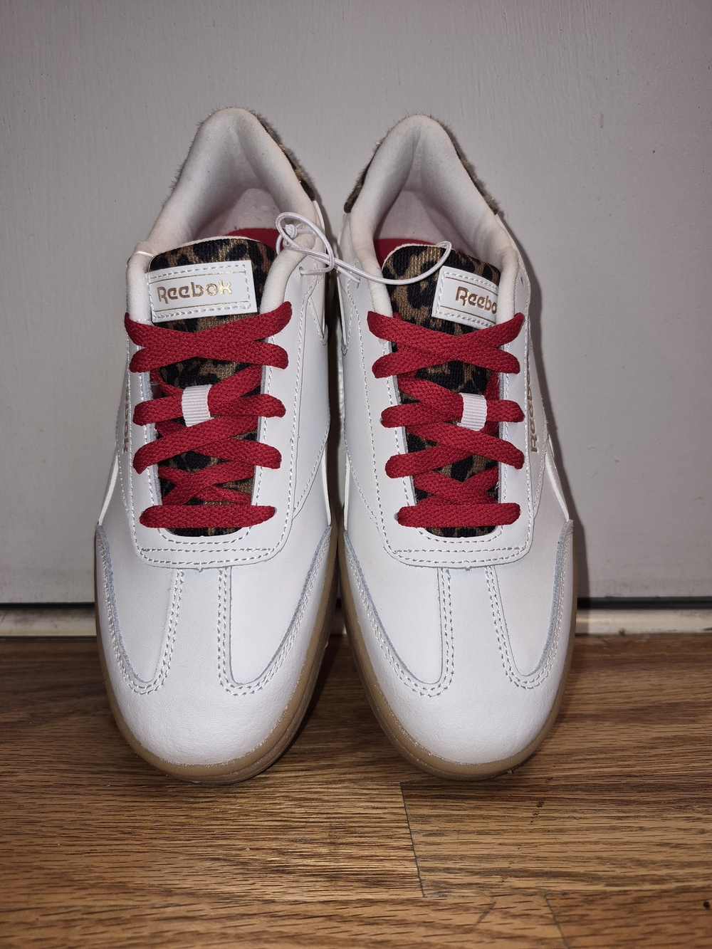 Reebok White Sneakers with Red Laces and Leopard Tongue